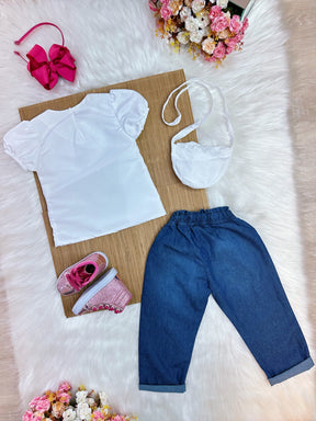 Conjunto infantil C/ Blusa Branca e Calça Jeans Azul Bolsinha (0144BJ)