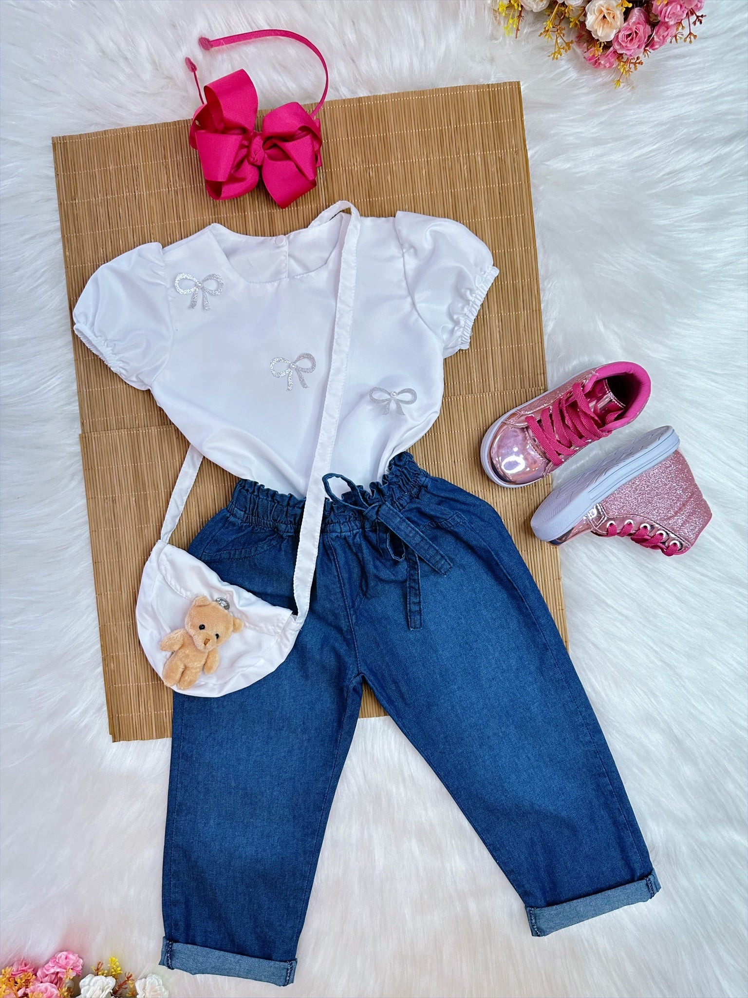 Conjunto infantil C/ Blusa Branca e Calça Jeans Azul Bolsinha (0144BJ)