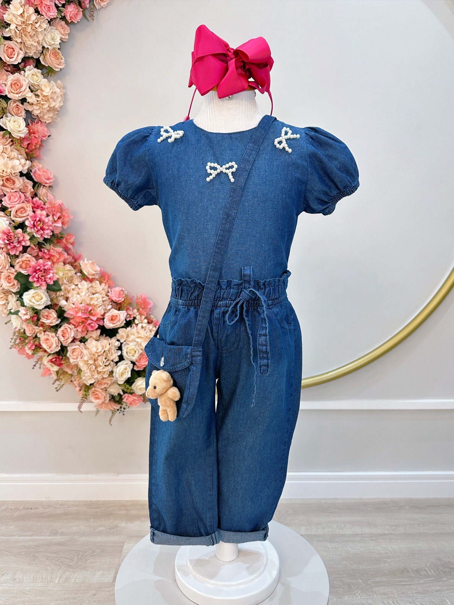 Conjunto infantil Jeans Azul C/ Blusa e Calça Bolsinha Casual (0142JN)