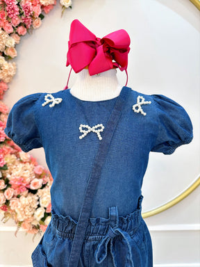 Conjunto infantil Jeans Azul C/ Blusa e Calça Bolsinha Casual (0142JN)