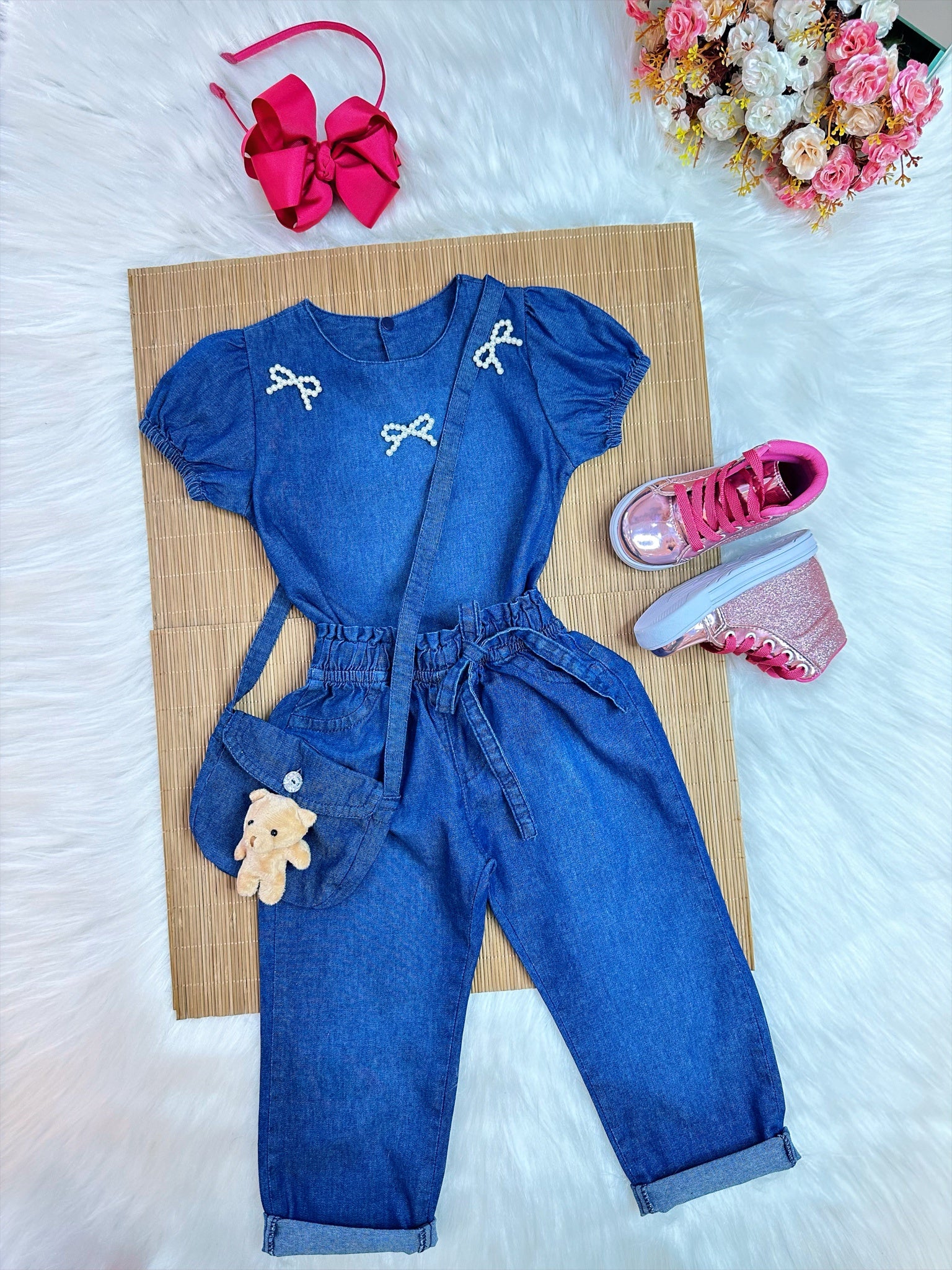 Conjunto infantil Jeans Azul C/ Blusa e Calça Bolsinha Casual (0142JN)