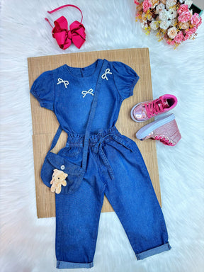 Conjunto infantil Jeans Azul C/ Blusa e Calça Bolsinha Casual (0142JN)