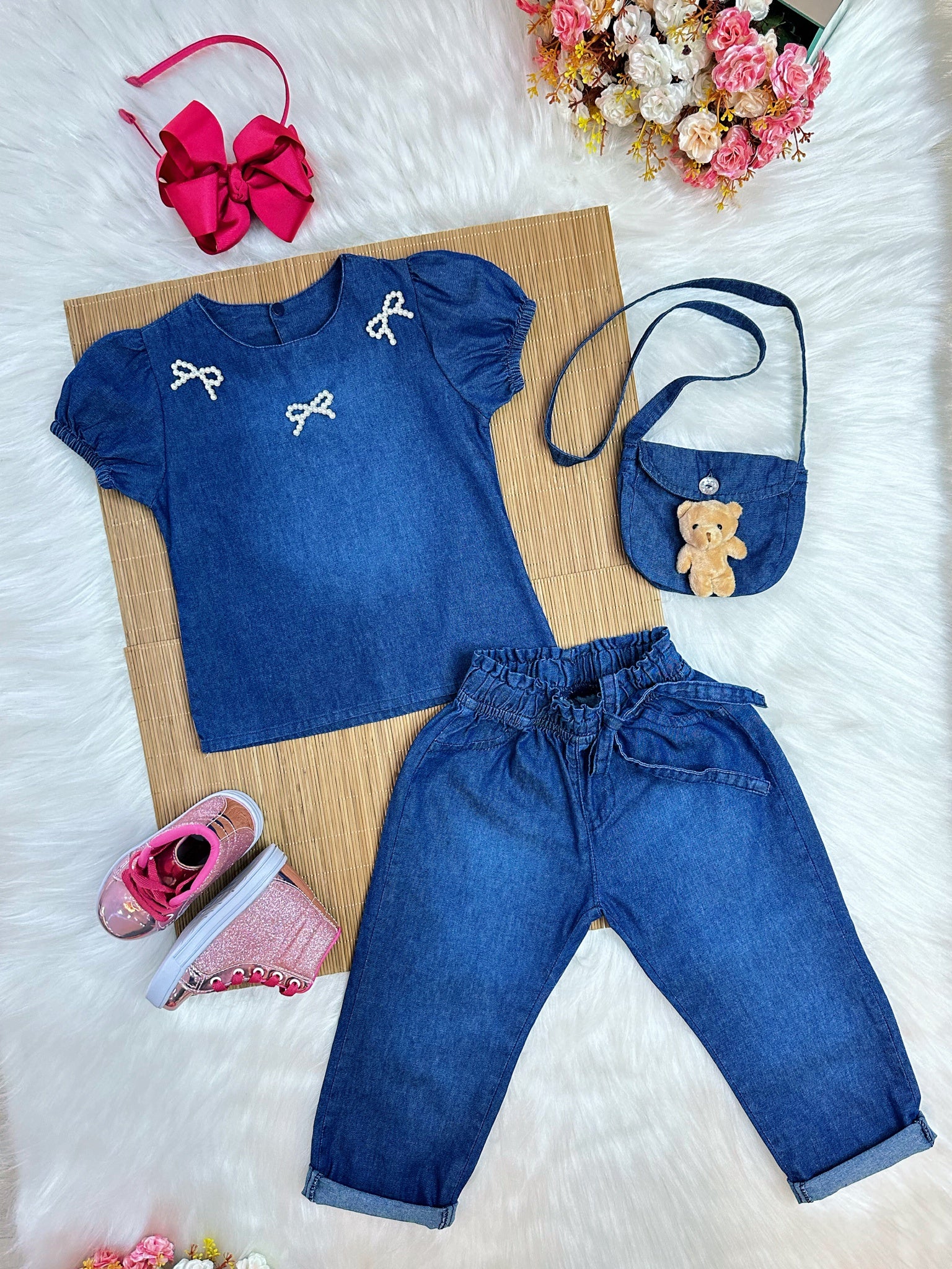 Conjunto infantil Jeans Azul C/ Blusa e Calça Bolsinha Casual (0142JN)