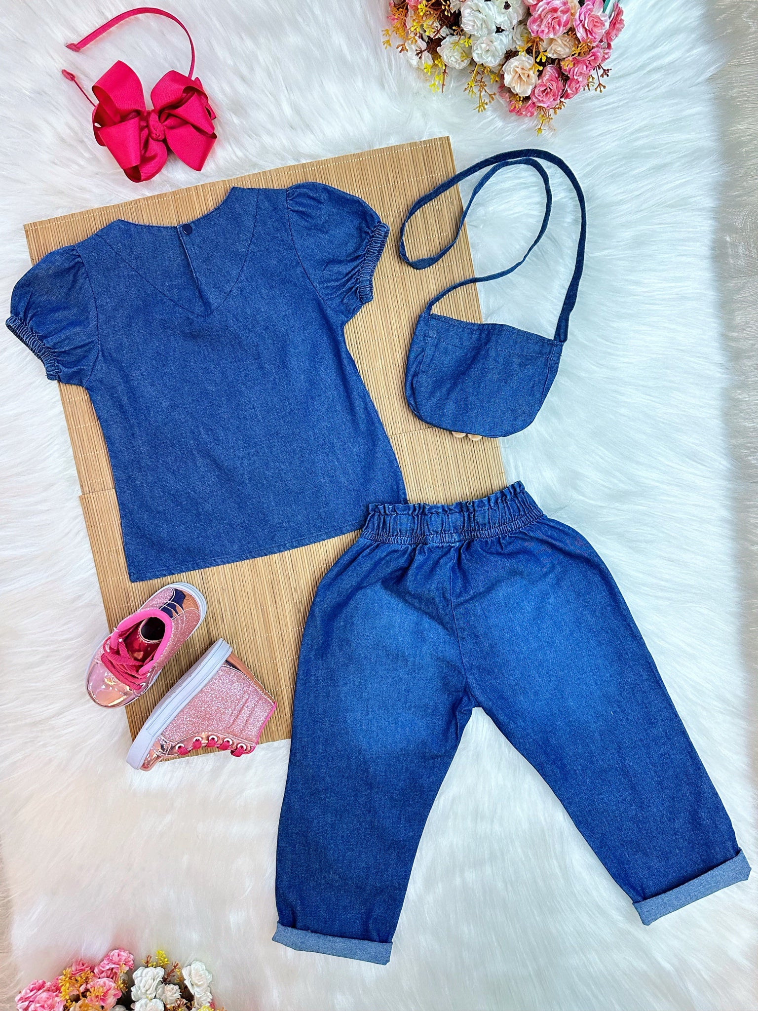 Conjunto infantil Jeans Azul C/ Blusa e Calça Bolsinha Casual (0142JN)