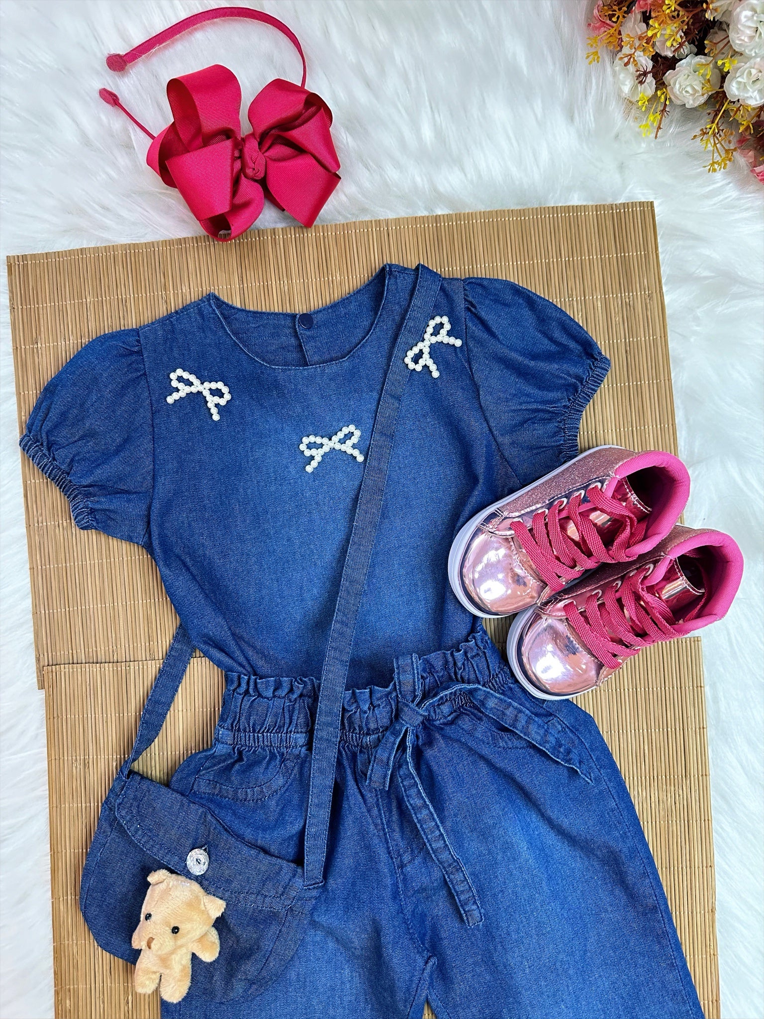 Conjunto infantil Jeans Azul C/ Blusa e Calça Bolsinha Casual (0142JN)