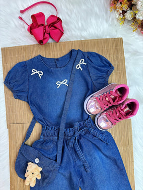 Conjunto infantil Jeans Azul C/ Blusa e Calça Bolsinha Casual (0142JN)