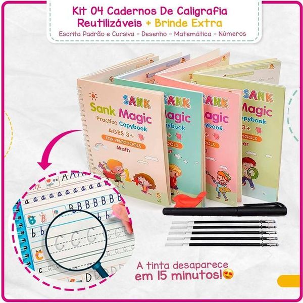 Kit de 4 cadernos de caligrafia + brinde extra